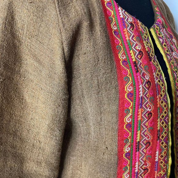 IBU Movement Embroidered Cropped Linen Brown Jacket Handmade - Picture 6 of 16